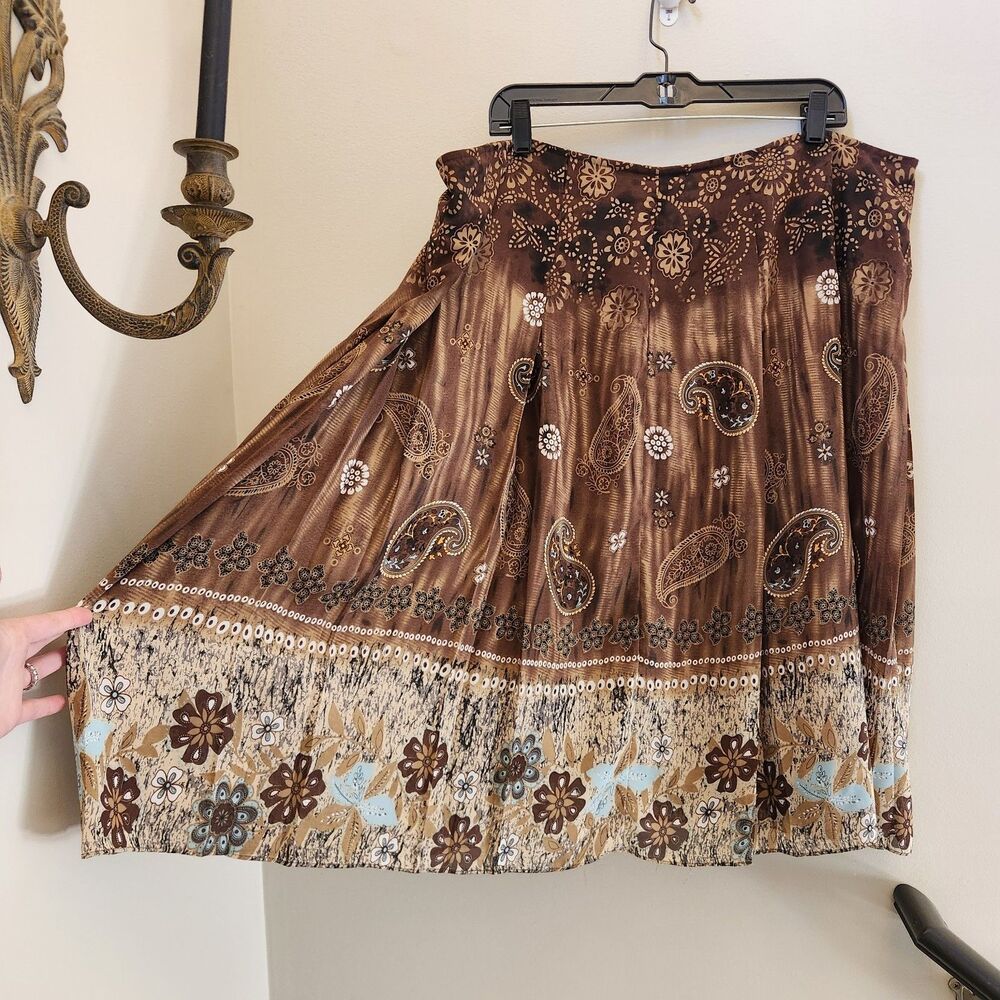 Vtg Y2k/2000s Brown Paisley Floral Boho Pleated Midi Skirt Sz 20W Whimsygoth